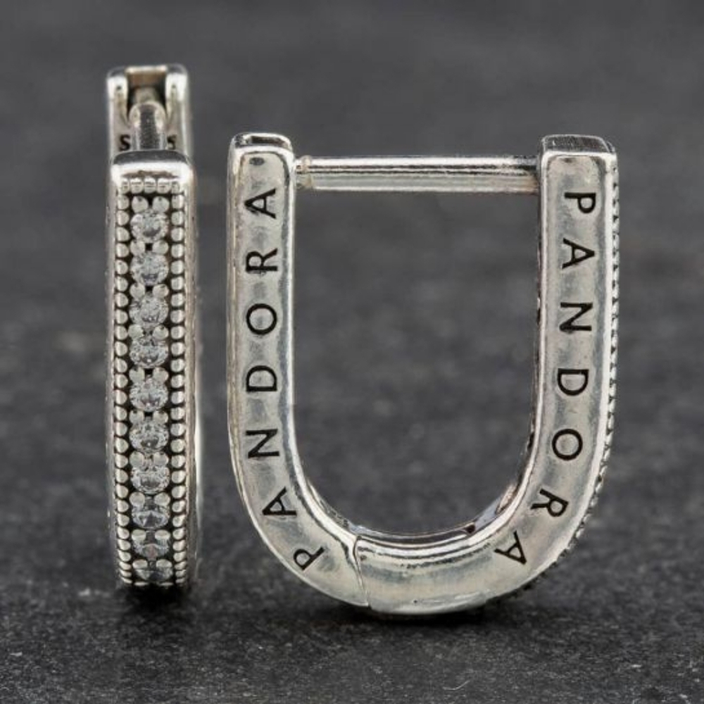 Pandora Sterling Silver U-Shaped Hoop Earrings With Round Cubic Zirconia